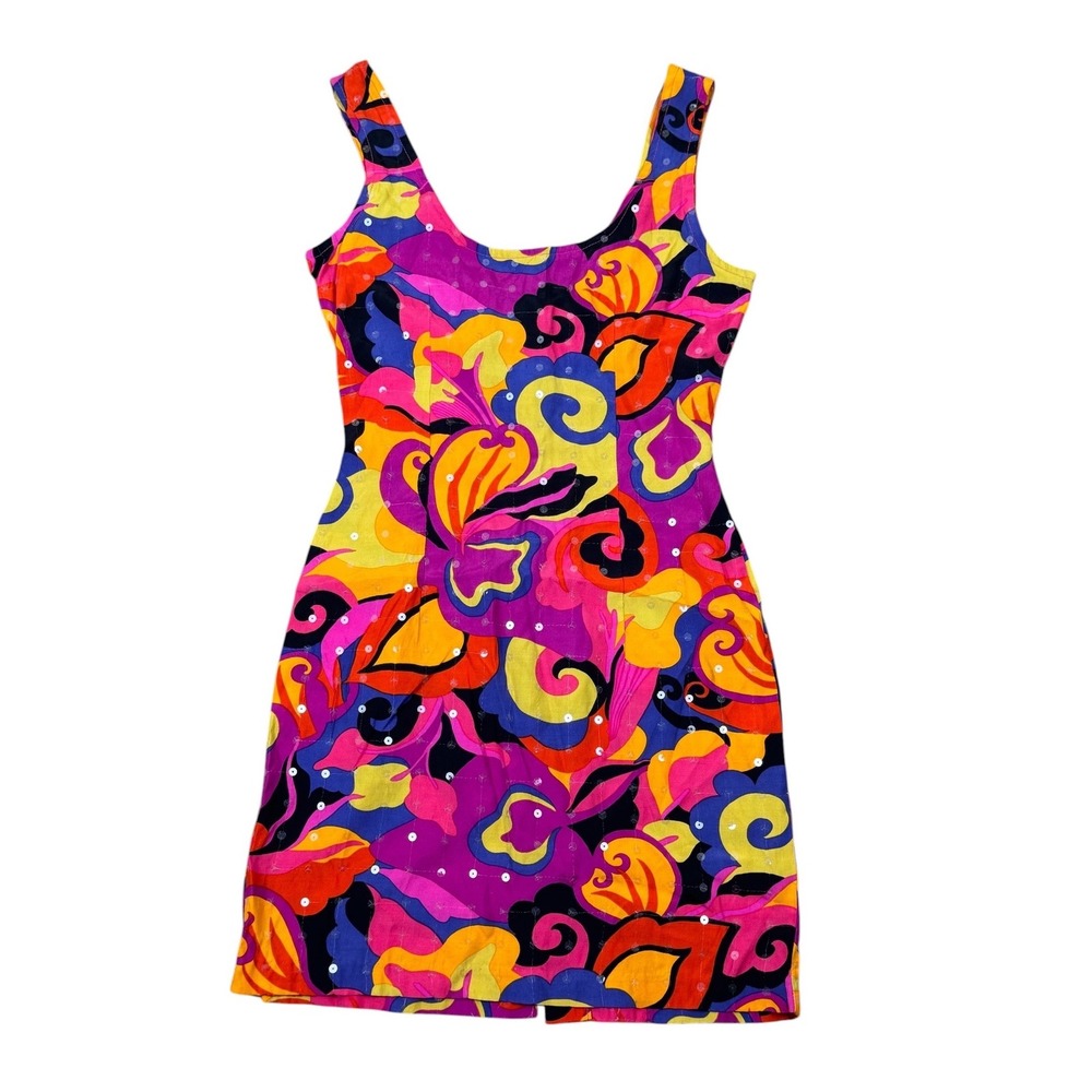 Vintage Contempo Casuals Retro Bright Abstract Sequin Tank Dress USA VTG 90s